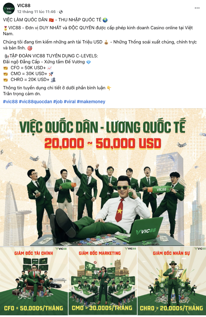 VIC88 công bố mức lương điều hành lên tới 50.000 USD/tháng, gây chấn động thị trường tuyển dụng. Ảnh: VIC88